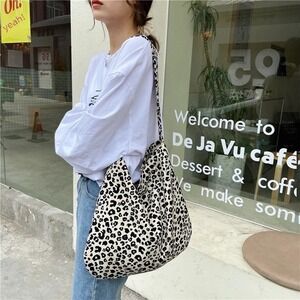 Leopard Print Cotton Tote Bag Casual Shoulder Bag‎ Shopper Handbag Women